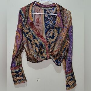Zara multi colored Paisley Printed Collard Long Sleeve Crop Top